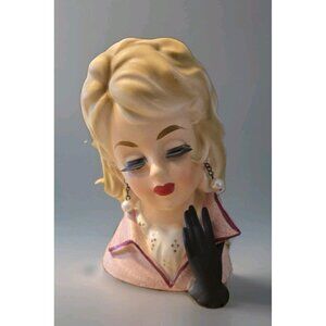 Vintage Large TRIMONT Blonde Lady Head Vase Pink Pearl  Earrings Gloves 5.75"